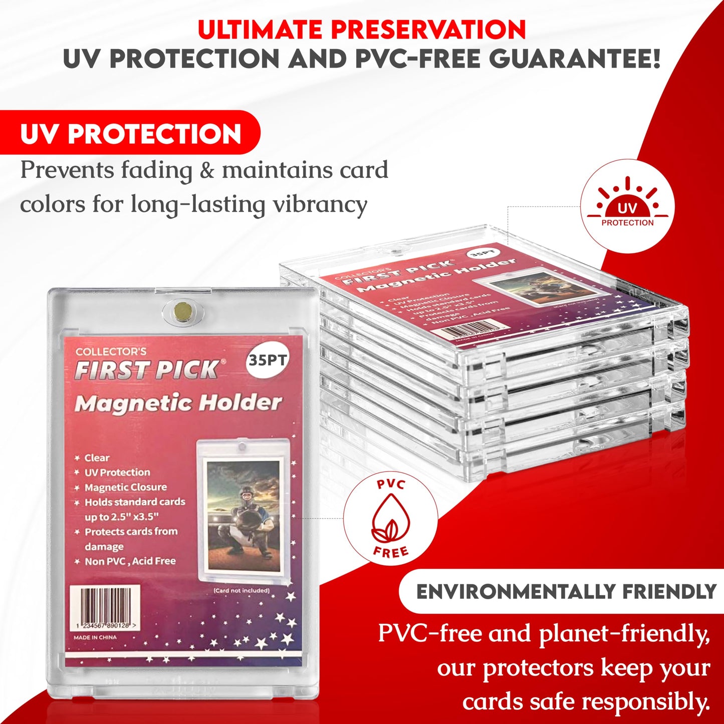 (1 Pack) 35 PT Premium Magnetic Card Holder UV Protection Long Term Storage Case Hard Plastic One Touch Protector for Pokemon Sports Cards Acrylic Display Card Cases