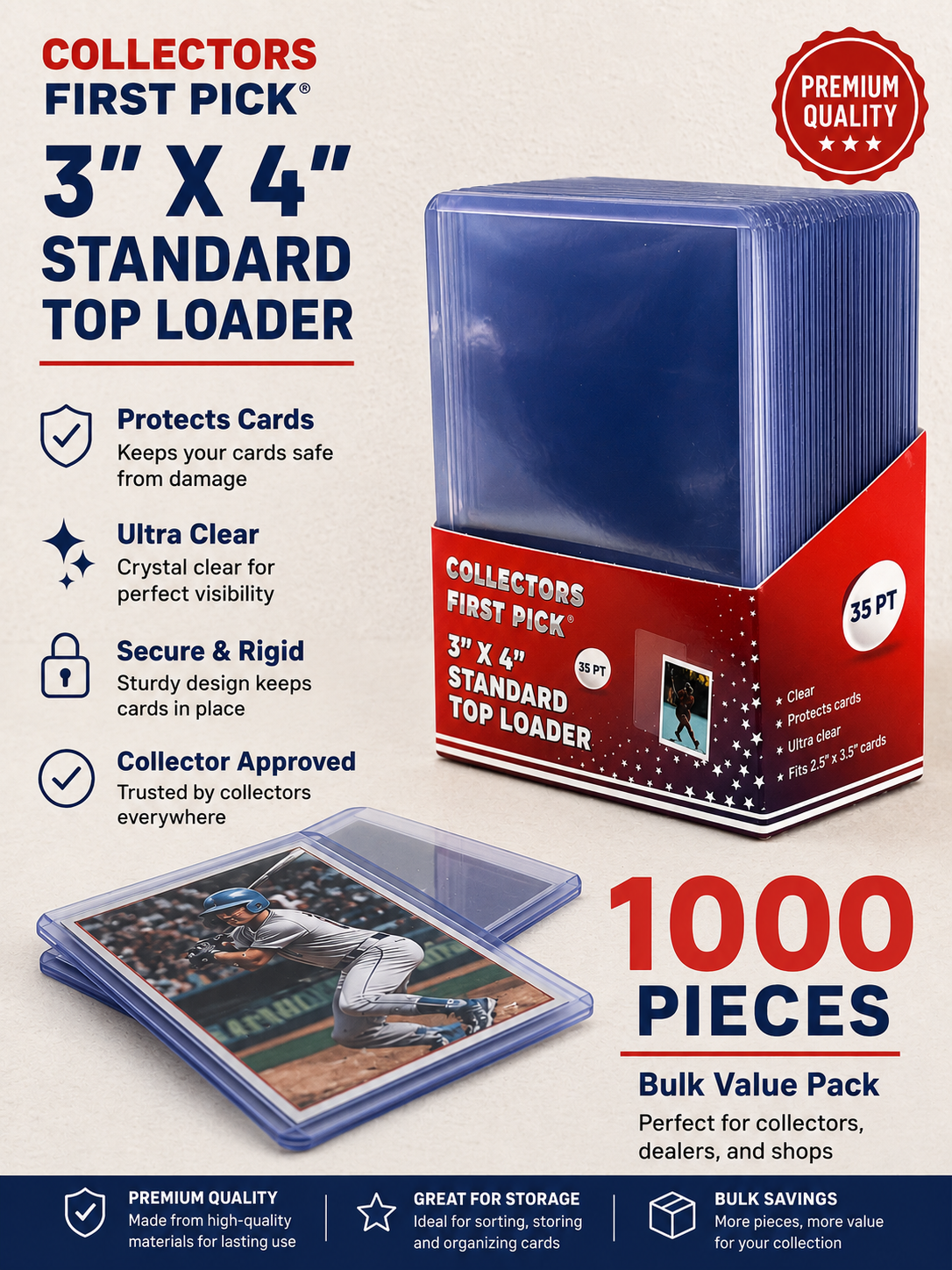 (1000) Top Loaders for Cards 3x4 35PT Premium Standard Size Protector, Clear Card Holder Card Sleeves Protection for Pokemon Cards, Baseball Cards, Football Cards, Sports Cards, and Hockey Cards