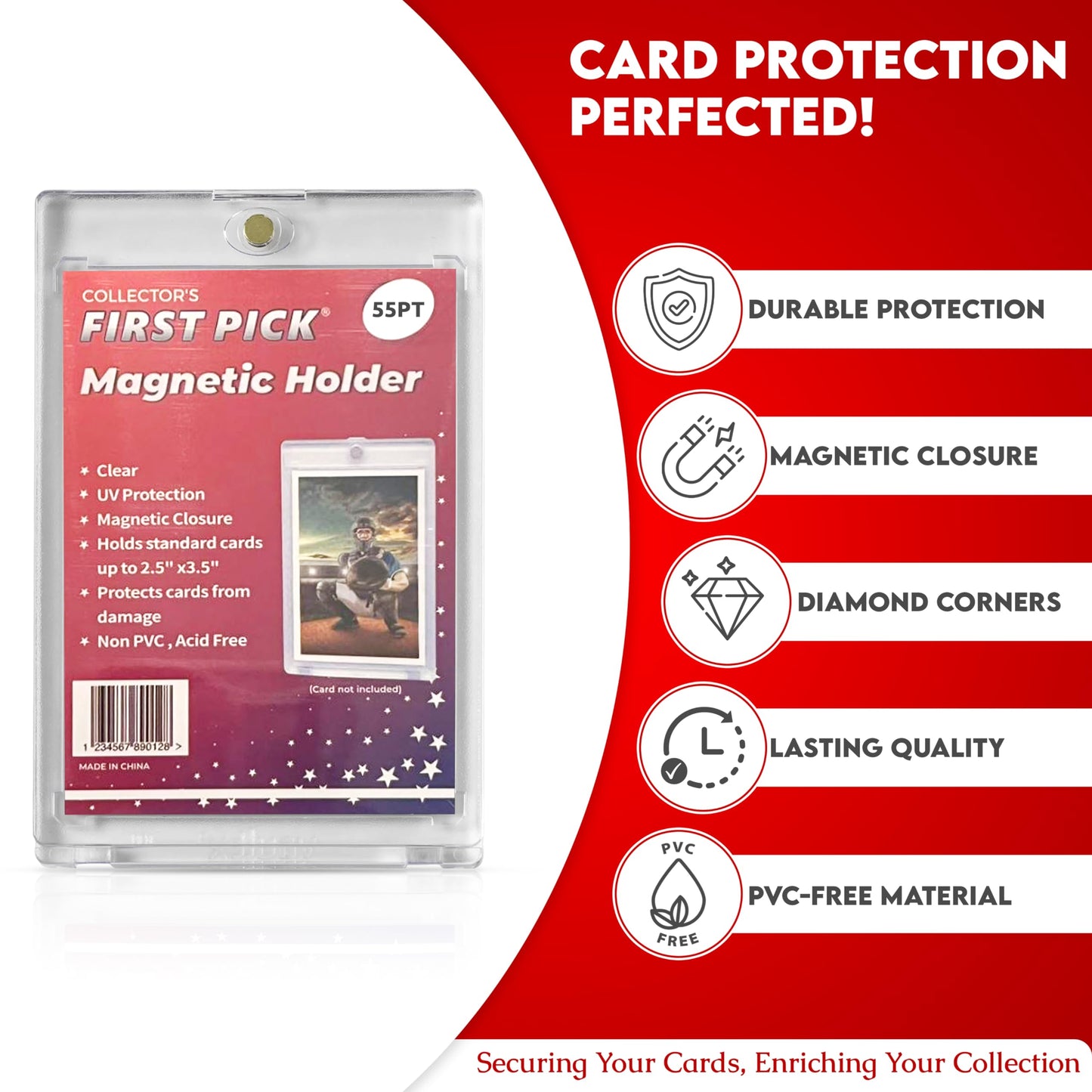 (1 Pack) 55PT Premium One Touch Magnetic Card Holder Thick Size - PVC Free - UV Protection - Hard Plastic Protector for Collectible Sports Cards Acrylic Display Card Cases