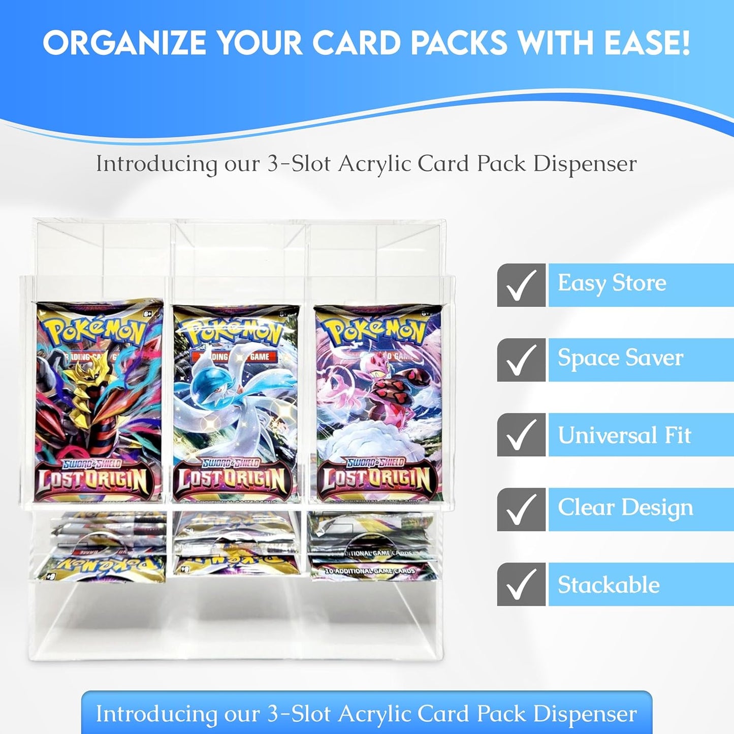 Collector's First Pick – 3-Slot Acrylic Card Pack Dispenser & Organizer for Pokémon, Sports & Trading Card Packs
