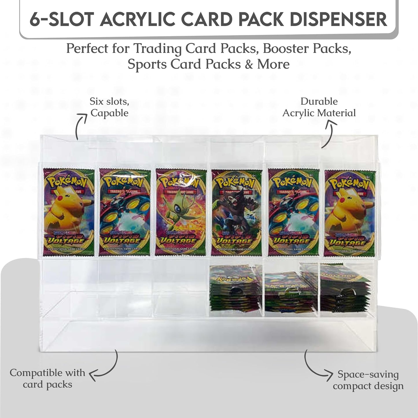 Premium 6-Slot Booster Pack Dispenser – Fits 240 Trading Card Packs | Clear Acrylic Display Case for TCG & Sports Cards | Stackable Retail Organizer