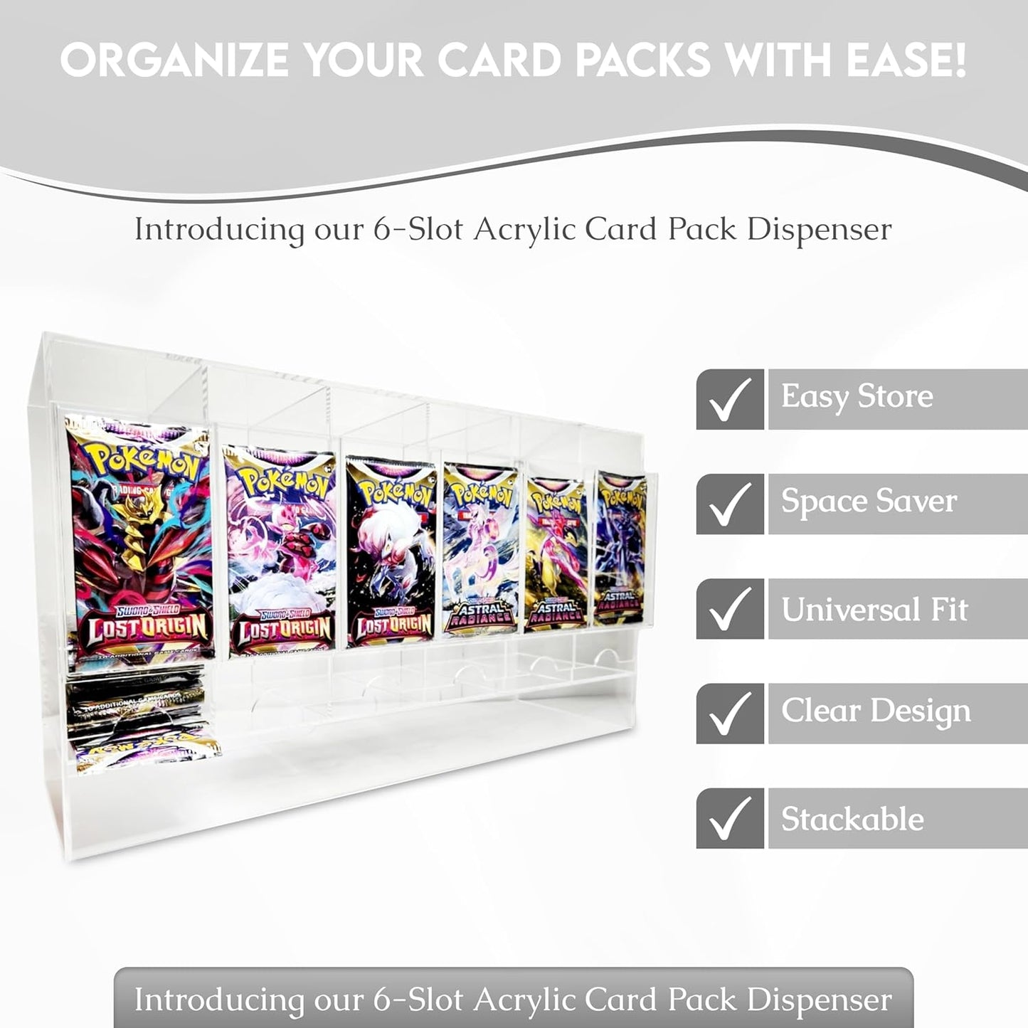 Premium 6-Slot Booster Pack Dispenser – Fits 240 Trading Card Packs | Clear Acrylic Display Case for TCG & Sports Cards | Stackable Retail Organizer