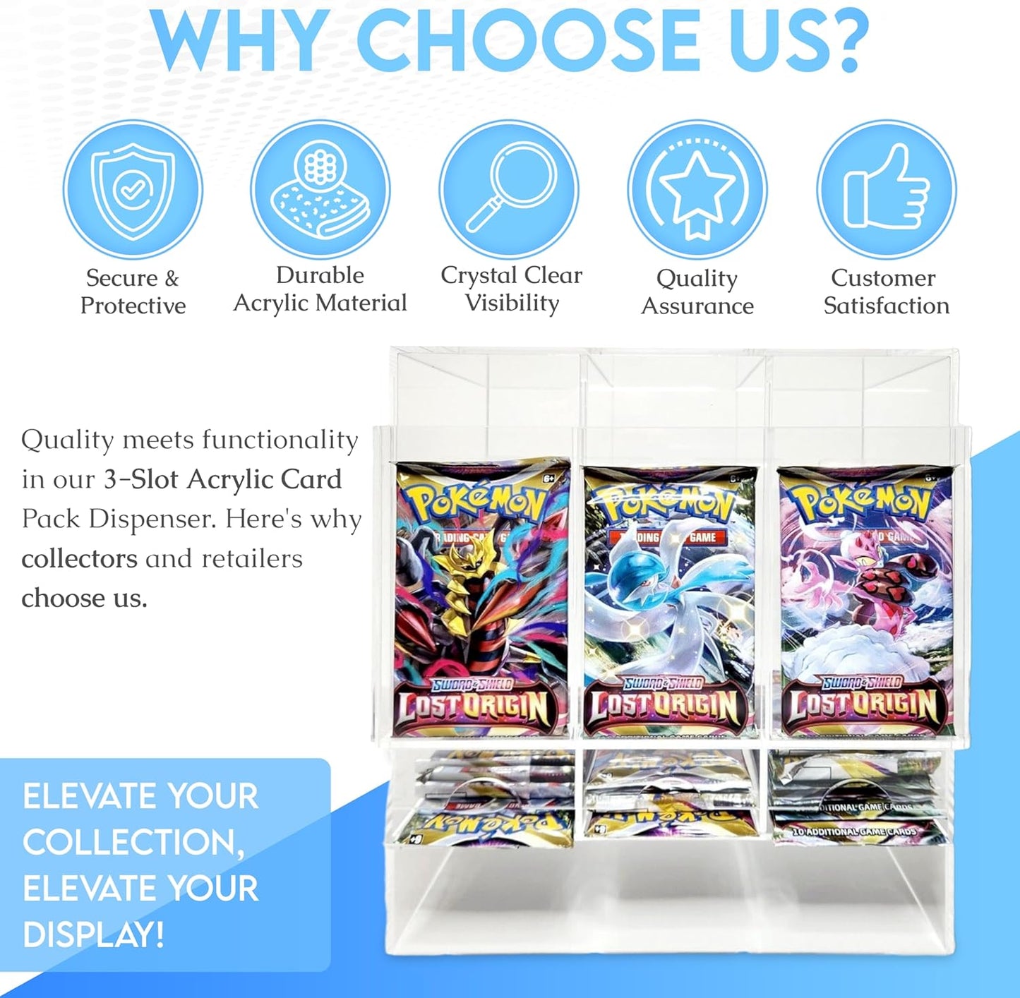 Collector's First Pick – 3-Slot Acrylic Card Pack Dispenser & Organizer for Pokémon, Sports & Trading Card Packs