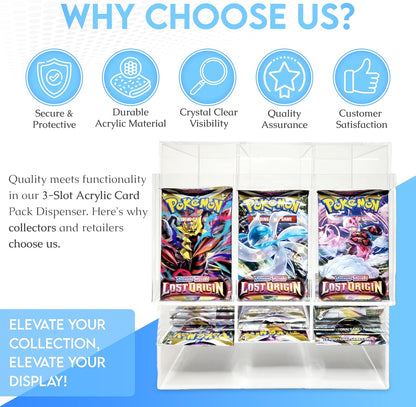 Collector's First Pick – 3-Slot Acrylic Card Pack Dispenser & Organizer for Pokémon, Sports & Trading Card Packs