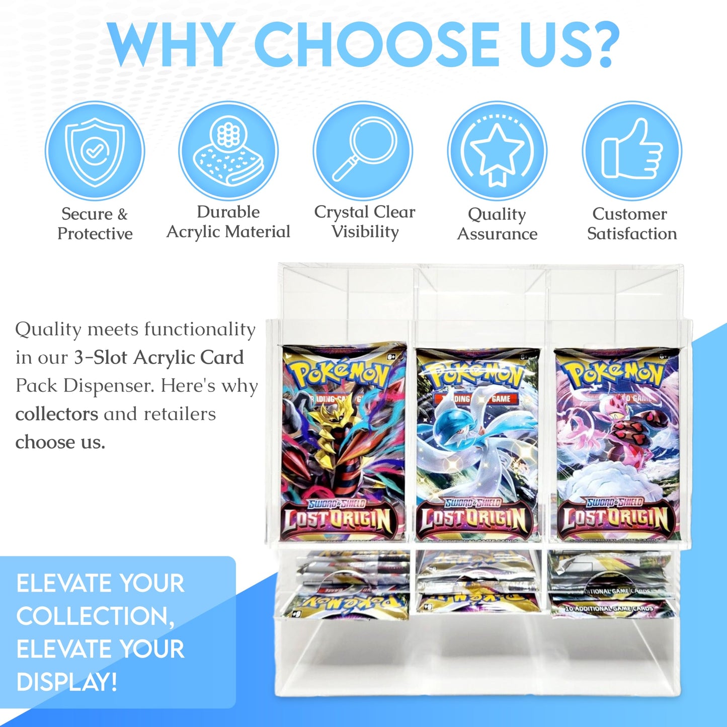 Collector's First Pick 3-Slot Acrylic Card Pack Dispenser Card Dispenser Organizer Pack Display Compatible with Pokemon Trading Card Packs, Booster Packs, Sports Card Packs & More!