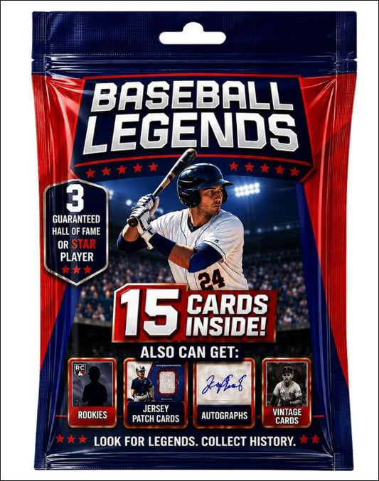 Baseball Card Legends Pack – 15 Cards Inside | 3 Guaranteed Stars or Hall of Famers + 3 Vintage Cards | Possible Rookies, Autographs, Jersey Patch & Insert Cards | Perfect Gift For Collectors
